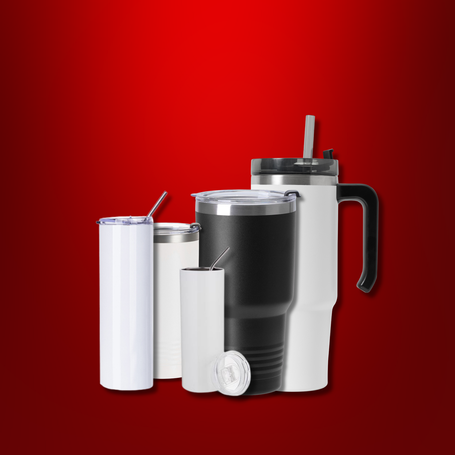 an image of a variety of tumbler sizes we customize including 20. 30. and 40 ounce sizes